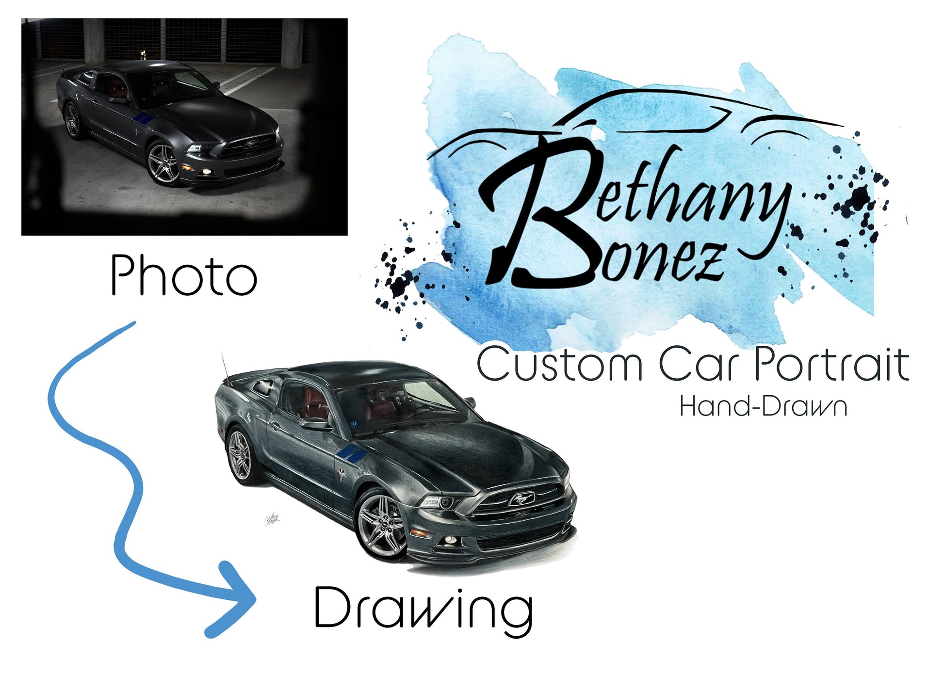 Custom Hand-Drawn Car Portraits, Mixed Media Art, Automotive Drawing, Colored Pencil, Marker Drawing, Muscle Car, Sports Car