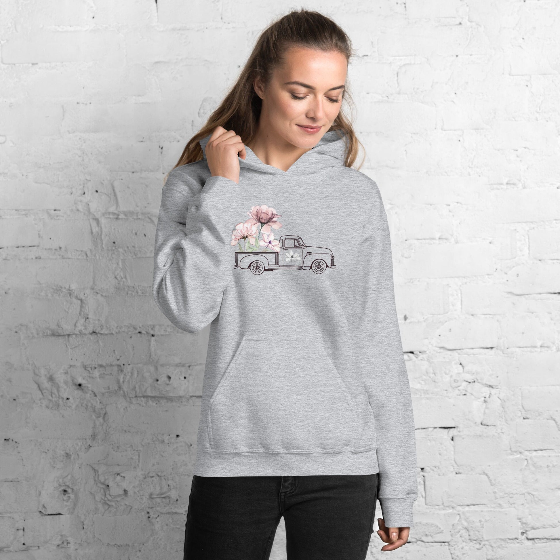 Classic Flower Truck Hoodie, Women Pink Floral Hoodie