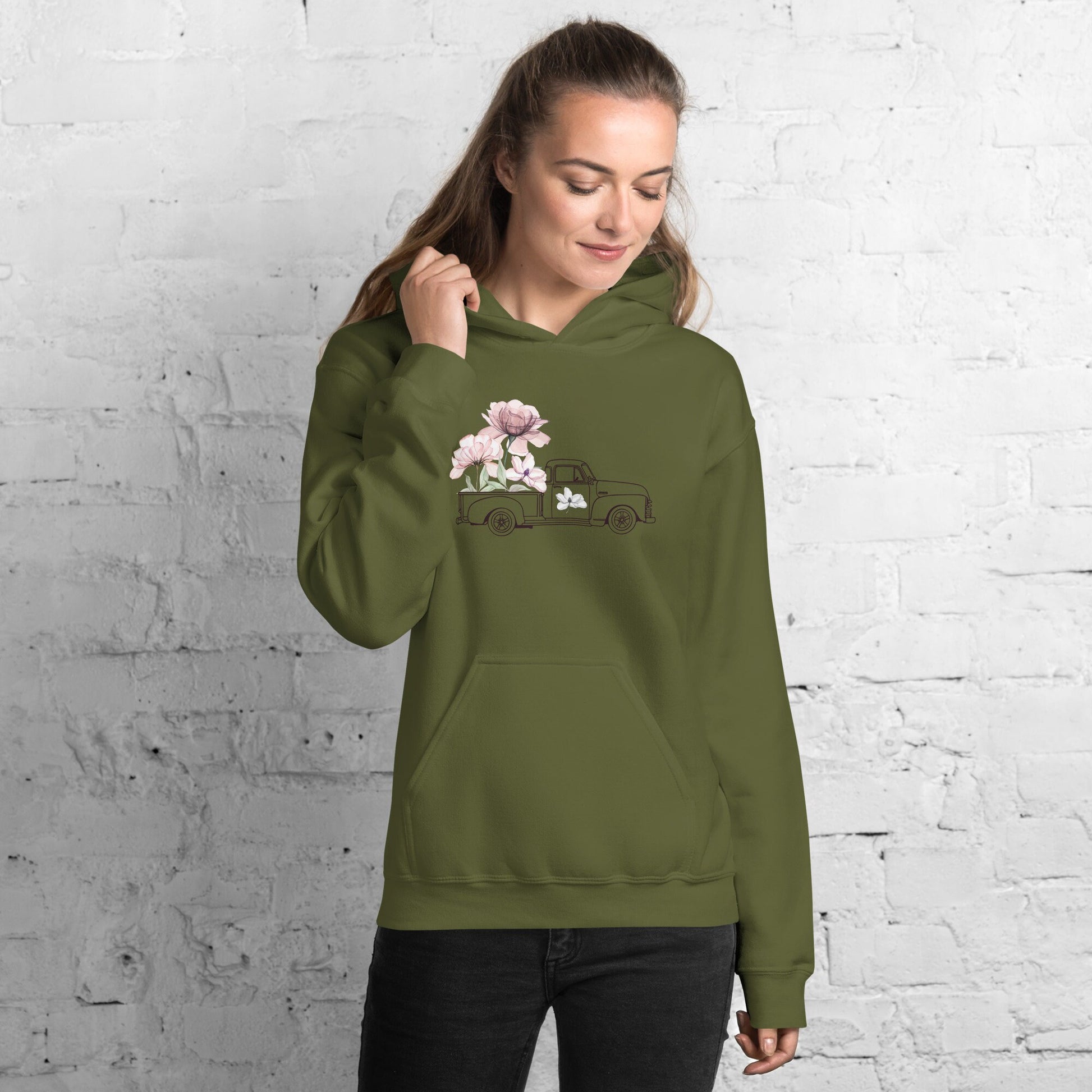 Classic Flower Truck Hoodie, Women Pink Floral Hoodie