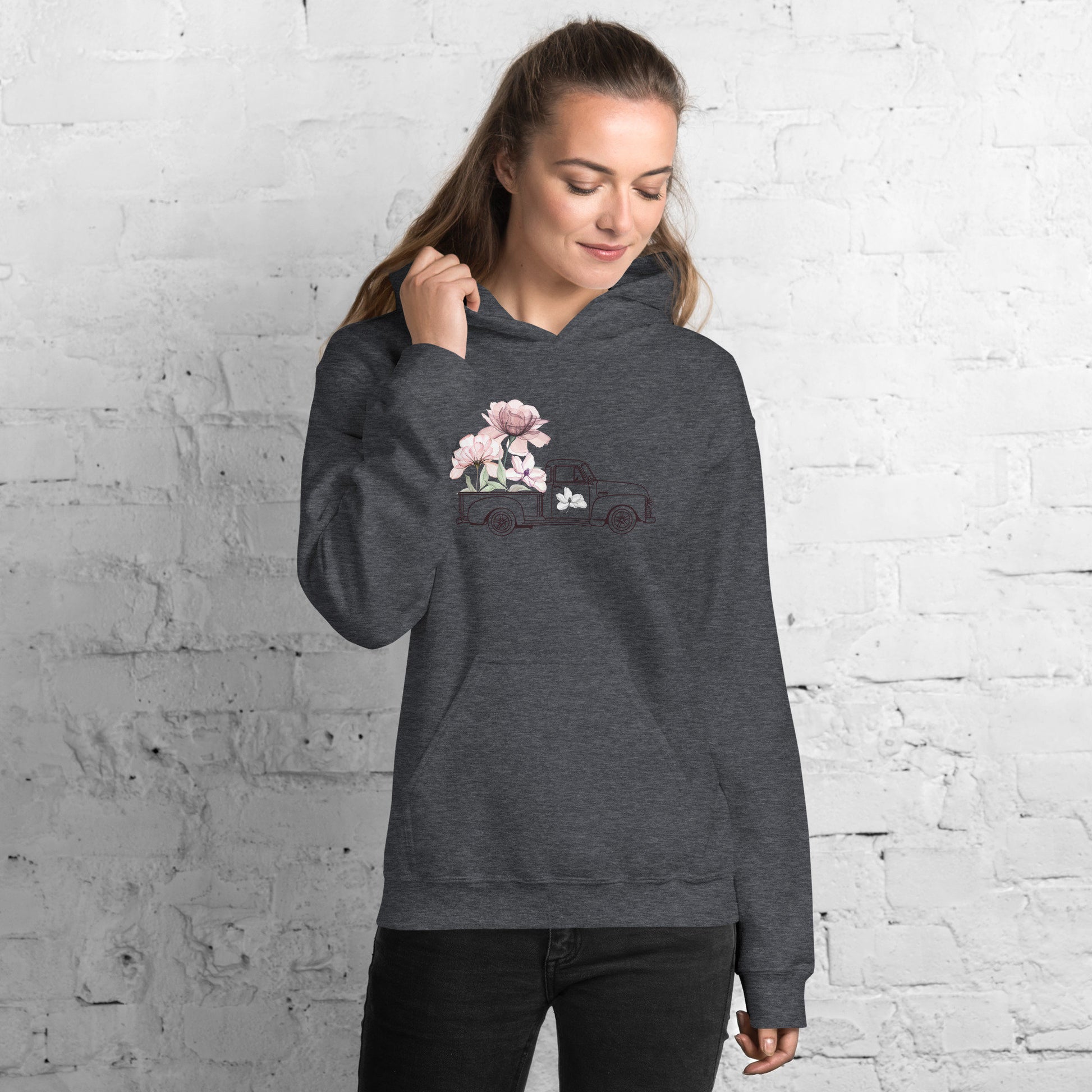 Classic Flower Truck Hoodie, Women Pink Floral Hoodie