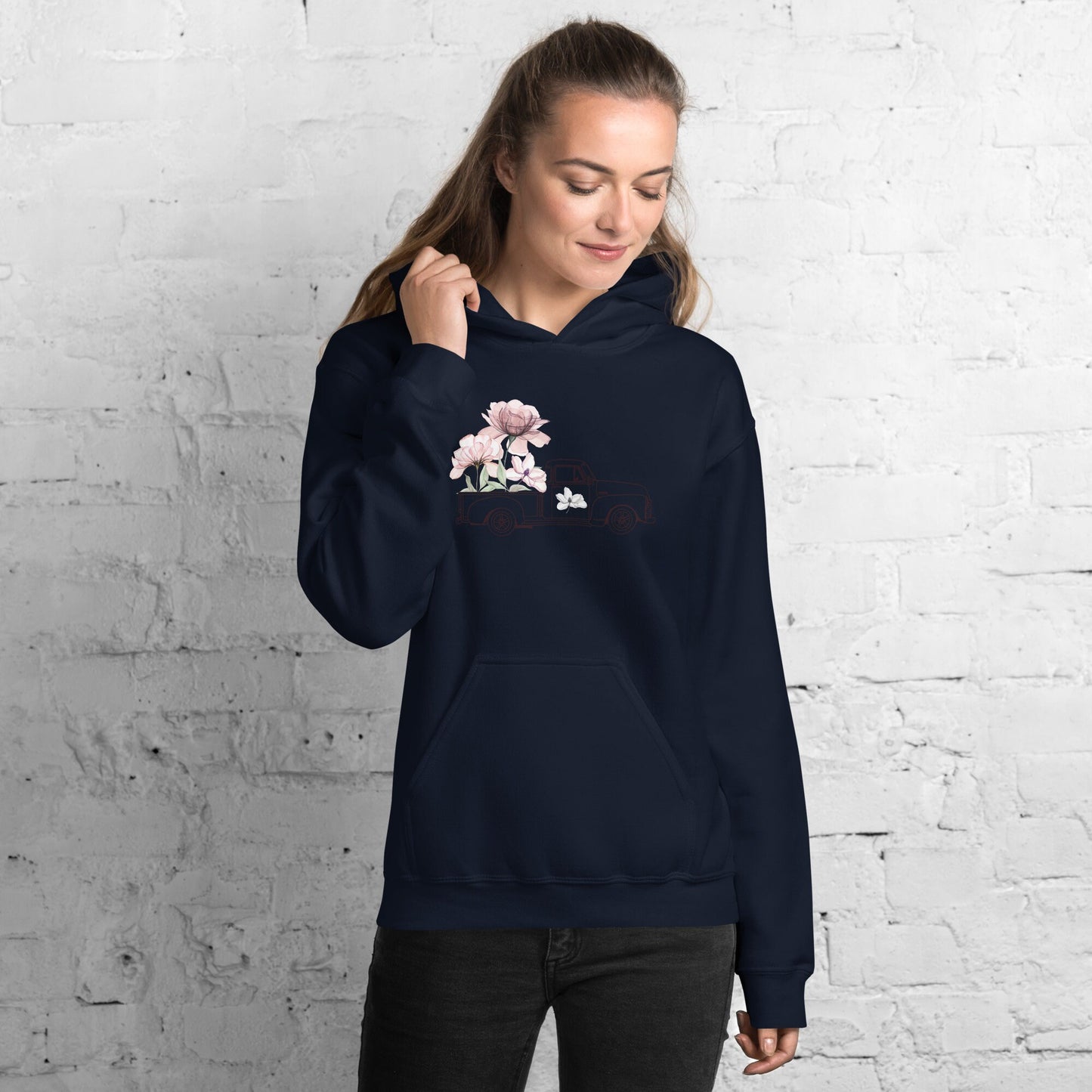 Classic Flower Truck Hoodie, Women Pink Floral Hoodie