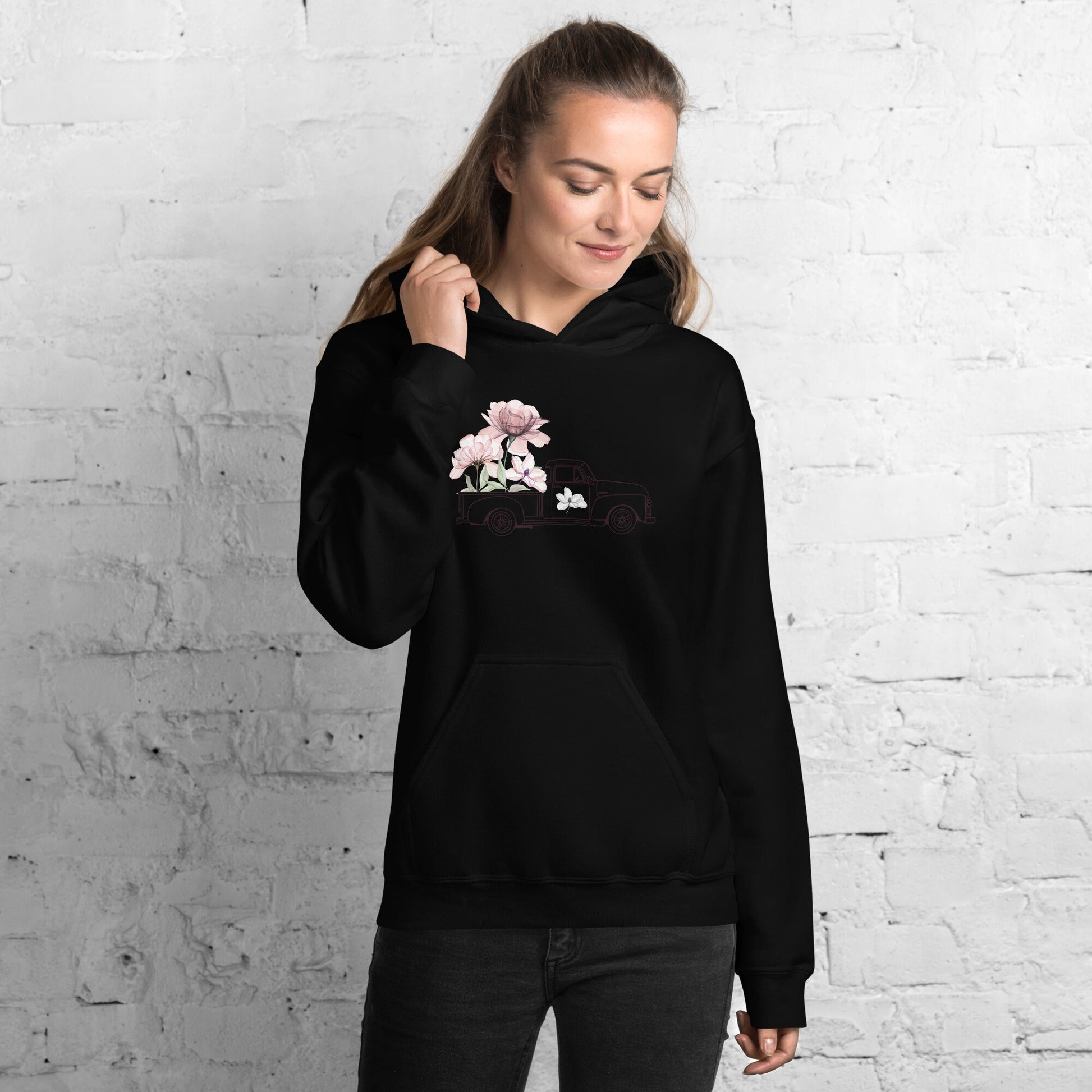 Classic Flower Truck Hoodie, Women Pink Floral Hoodie