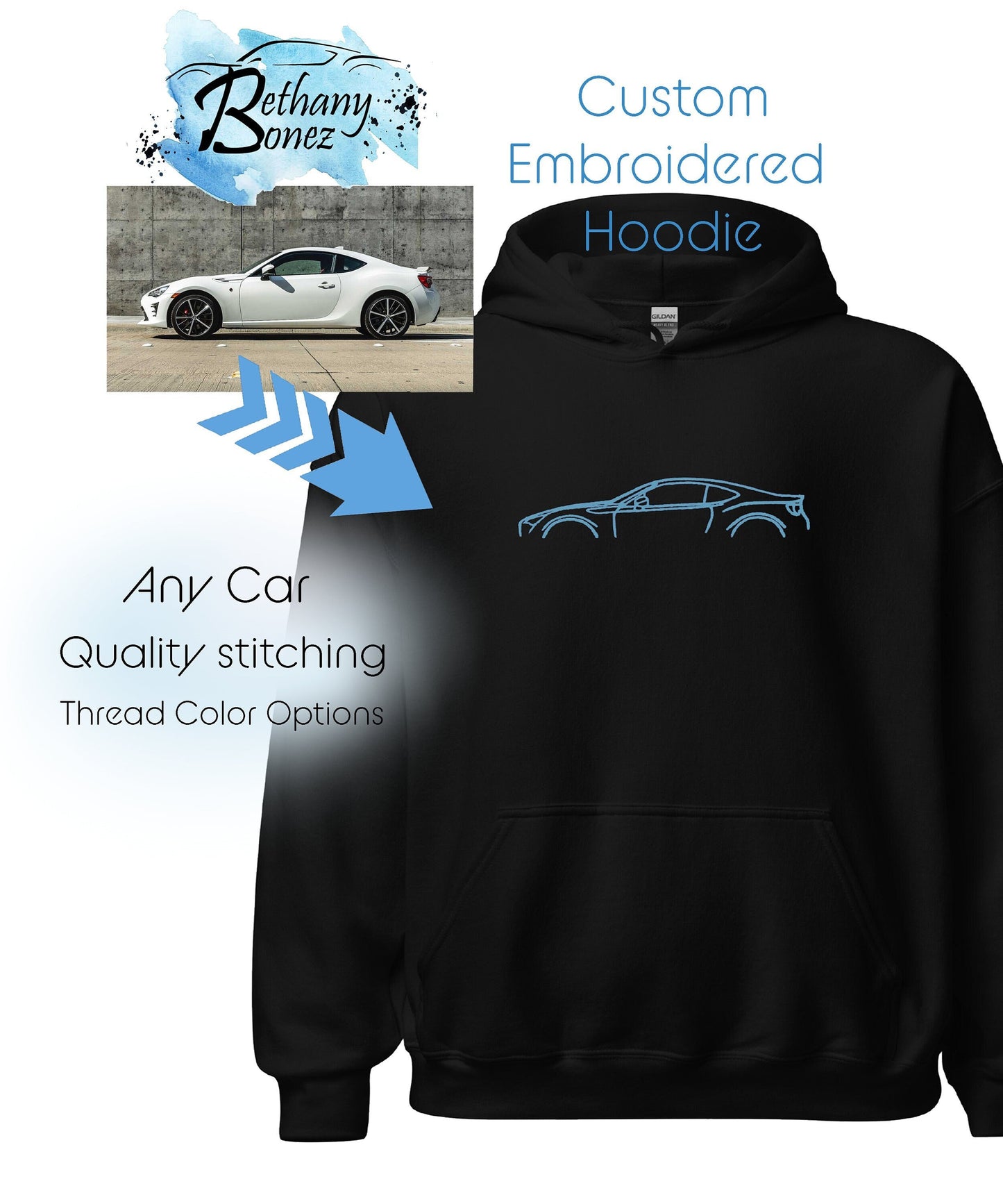 Custom Embroidered Car Silhouette Hoodie, Embroidered Sweatshirt, Custom Car Shirt, Crew Neck, Car Sweater, Perfect Gift for Him or Her